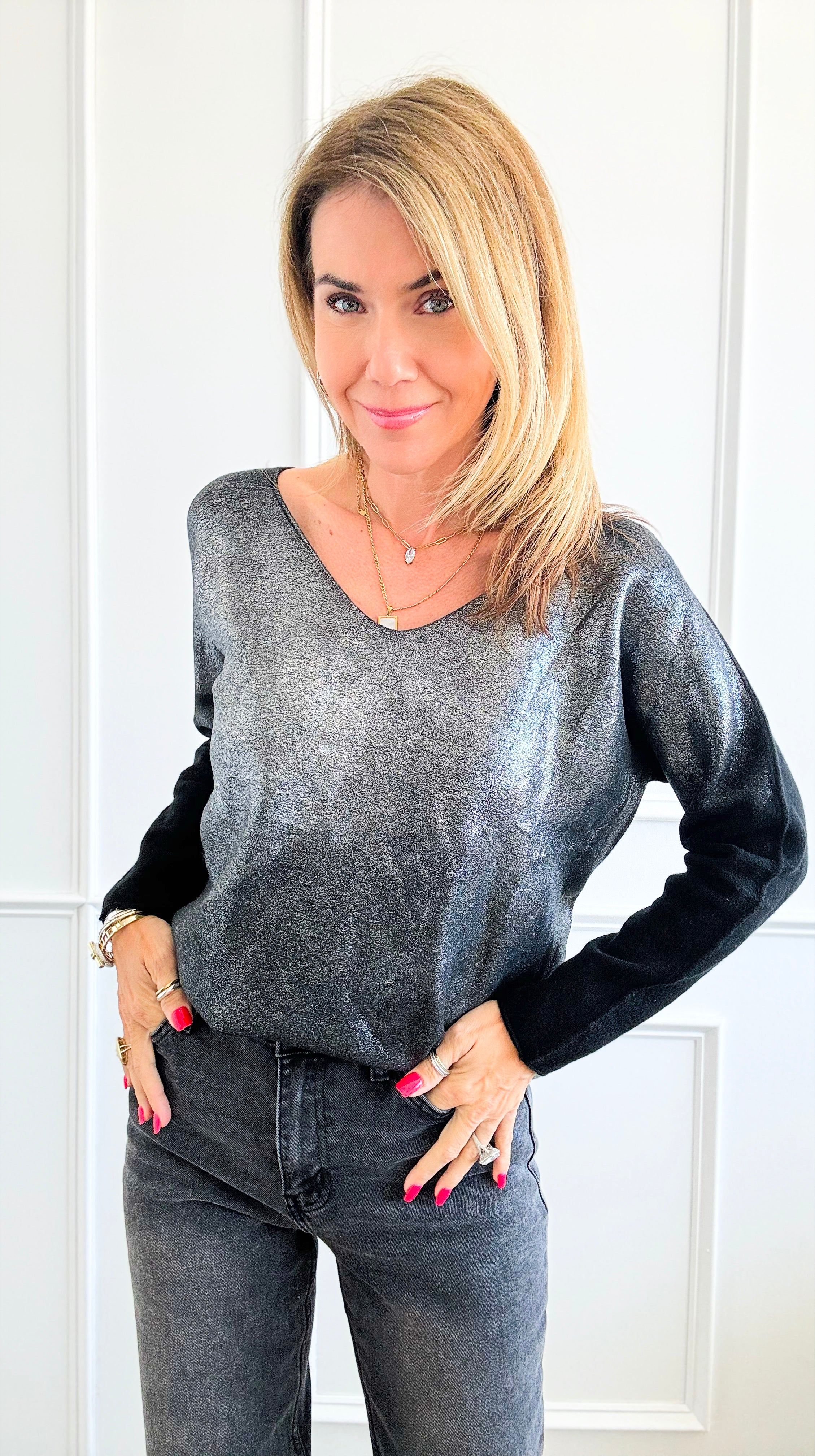 Silver Shine V-Neck Italian Pullover - Black-130 Long sleeve top-Italianissimo-Coastal Bloom Boutique, find the trendiest versions of the popular styles and looks Located in Indialantic, FL