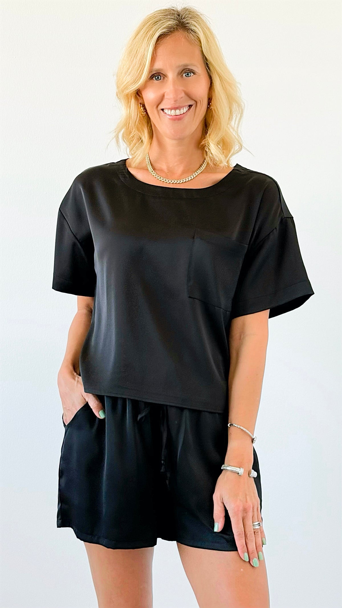 Luxe Lounge Satin Set - Black-210 Loungewear/sets-Jodifl-Coastal Bloom Boutique, find the trendiest versions of the popular styles and looks Located in Indialantic, FL