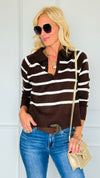 Weekend Club Striped Polo Sweater - Brown-140 Sweaters-LOVE TREE-Coastal Bloom Boutique, find the trendiest versions of the popular styles and looks Located in Indialantic, FL