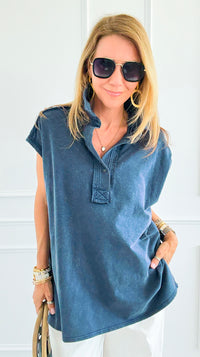 Weekend Ease Washed Collar Top - Navy-110 Short Sleeve Tops-White Birch-Coastal Bloom Boutique, find the trendiest versions of the popular styles and looks Located in Indialantic, FL