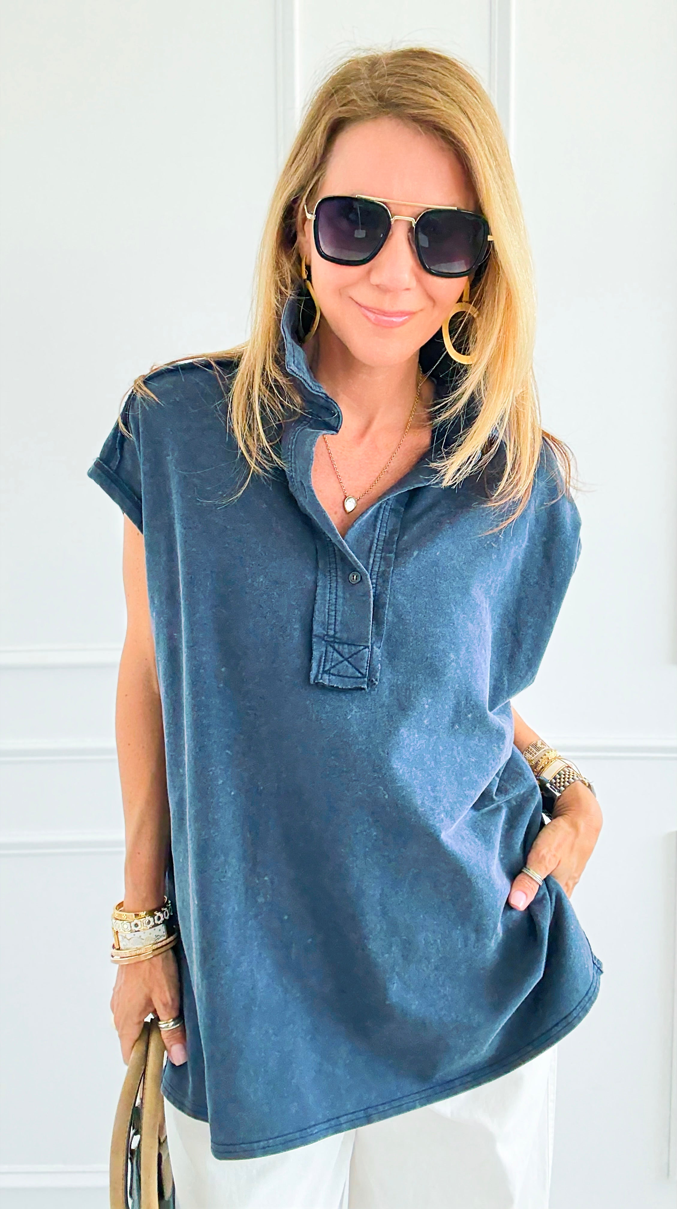 Weekend Ease Washed Collar Top - Navy-110 Short Sleeve Tops-White Birch-Coastal Bloom Boutique, find the trendiest versions of the popular styles and looks Located in Indialantic, FL