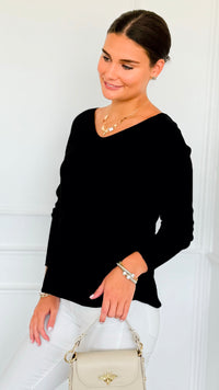 Soho Italian V-Neck Pullover - Black-140 Sweaters-Italianissimo/ Max & D-Coastal Bloom Boutique, find the trendiest versions of the popular styles and looks Located in Indialantic, FL