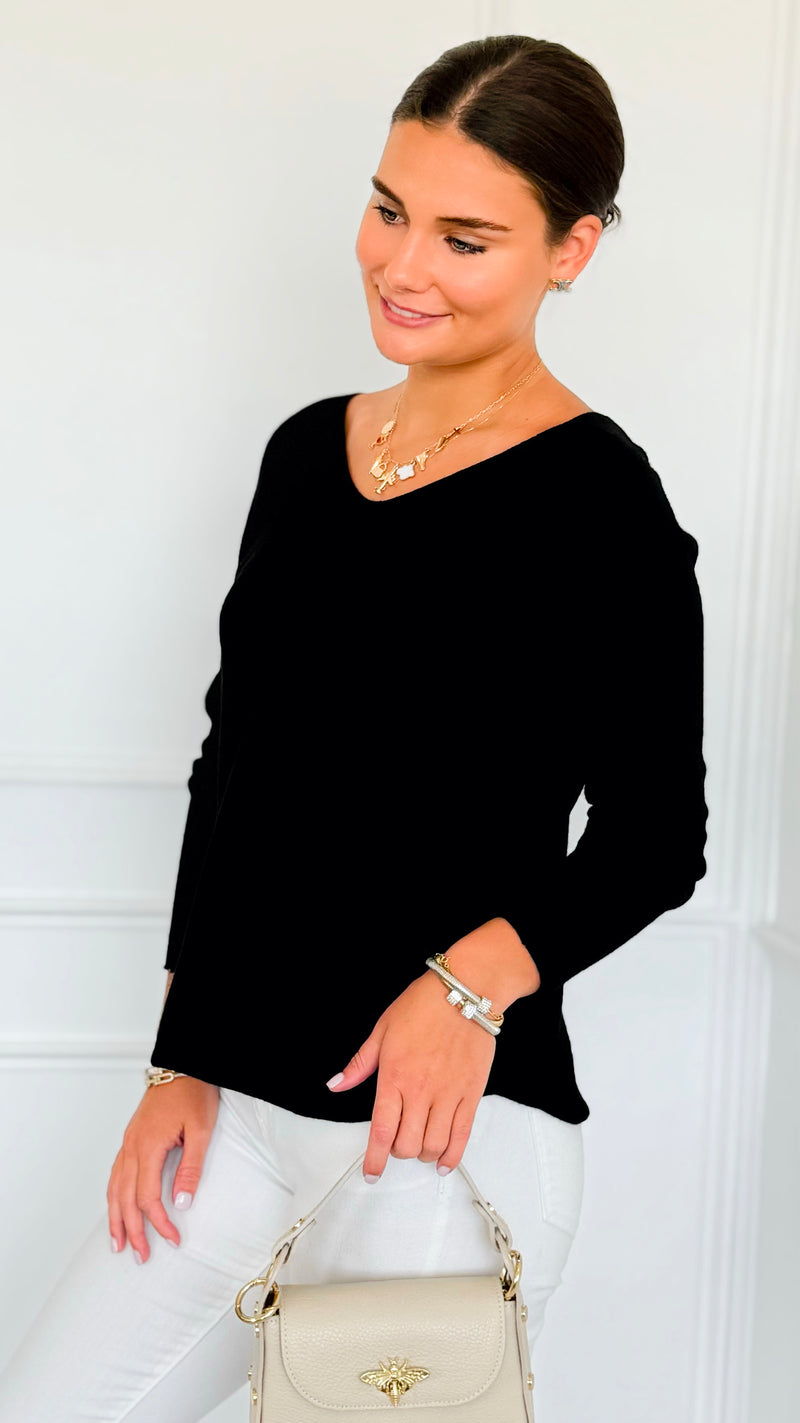 Soho Italian V-Neck Pullover - Black-140 Sweaters-Italianissimo/ Max & D-Coastal Bloom Boutique, find the trendiest versions of the popular styles and looks Located in Indialantic, FL