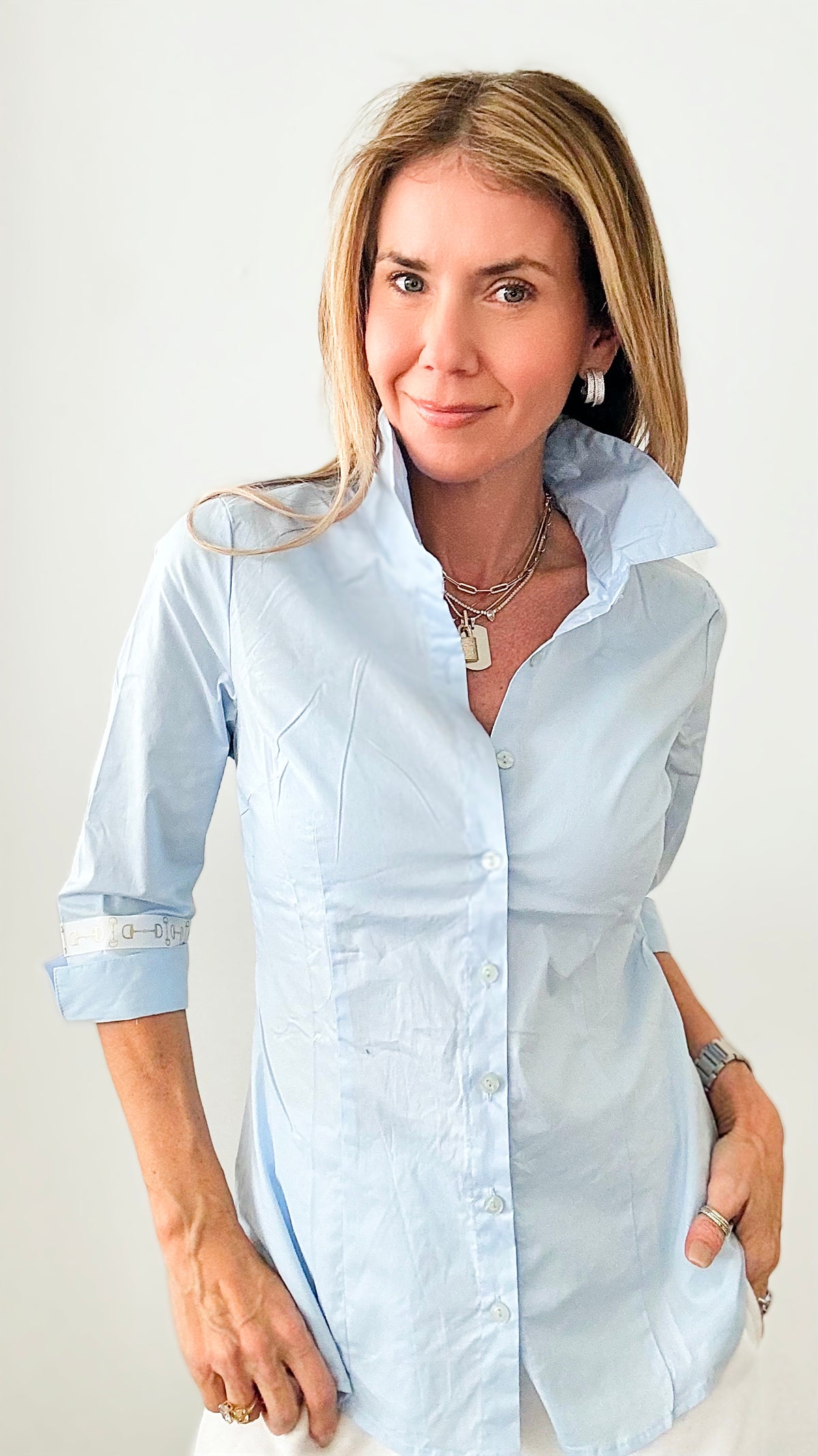 CB Custom Horsebit Ribbon Trim Blouse - Blue-130 Long Sleeve Tops-Holly / HIGH MJ-Coastal Bloom Boutique, find the trendiest versions of the popular styles and looks Located in Indialantic, FL
