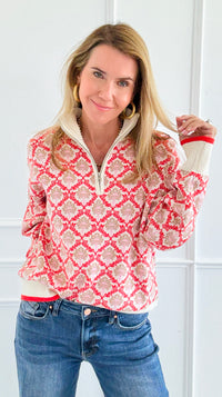 Tri-Bloom Zip Mock Sweater-Cream/Orange-140 Sweaters-&MERCI-Coastal Bloom Boutique, find the trendiest versions of the popular styles and looks Located in Indialantic, FL