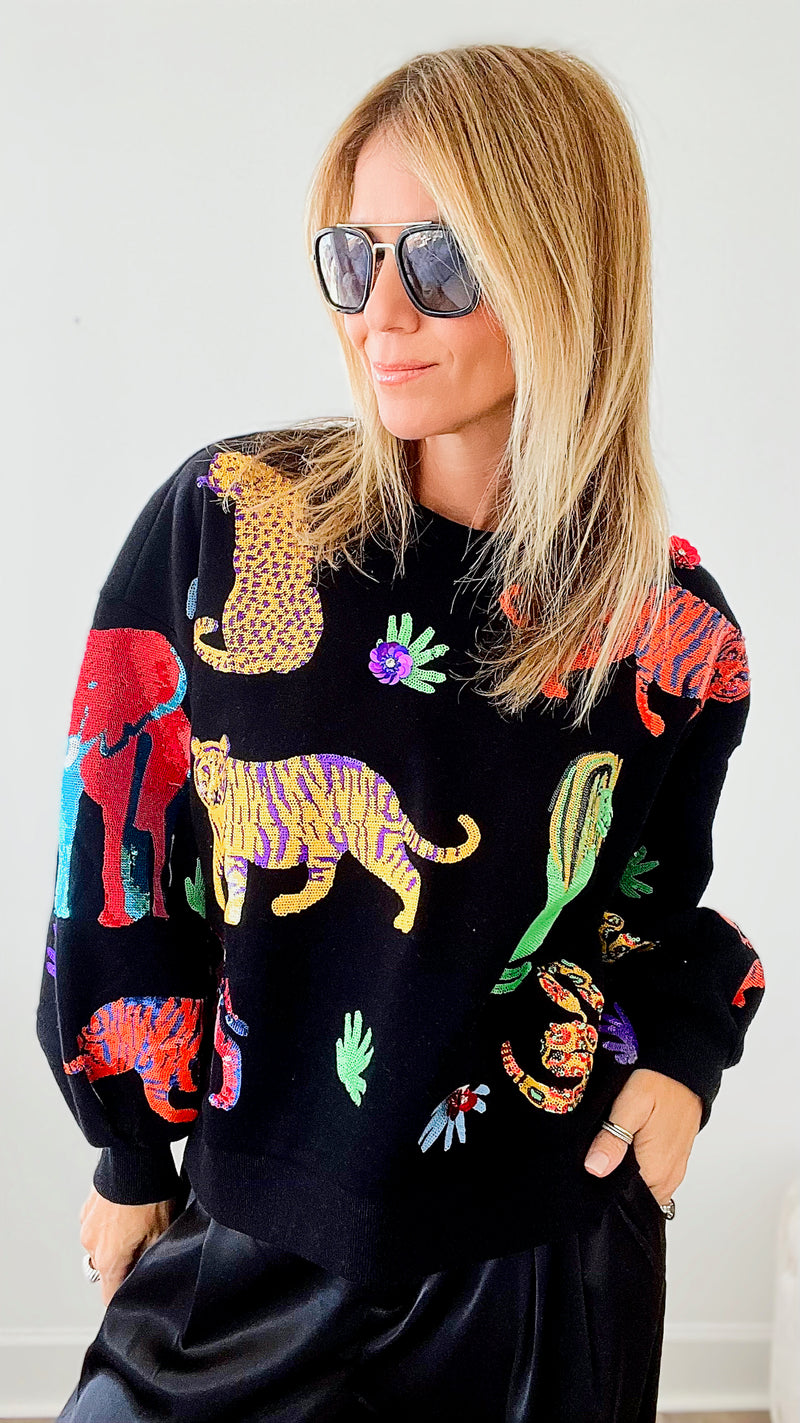 Walk About The Zoo Queen of Sparkles Sweatshirt - Black-130 Long Sleeve Tops-Queen of Sparkles-Coastal Bloom Boutique, find the trendiest versions of the popular styles and looks Located in Indialantic, FL
