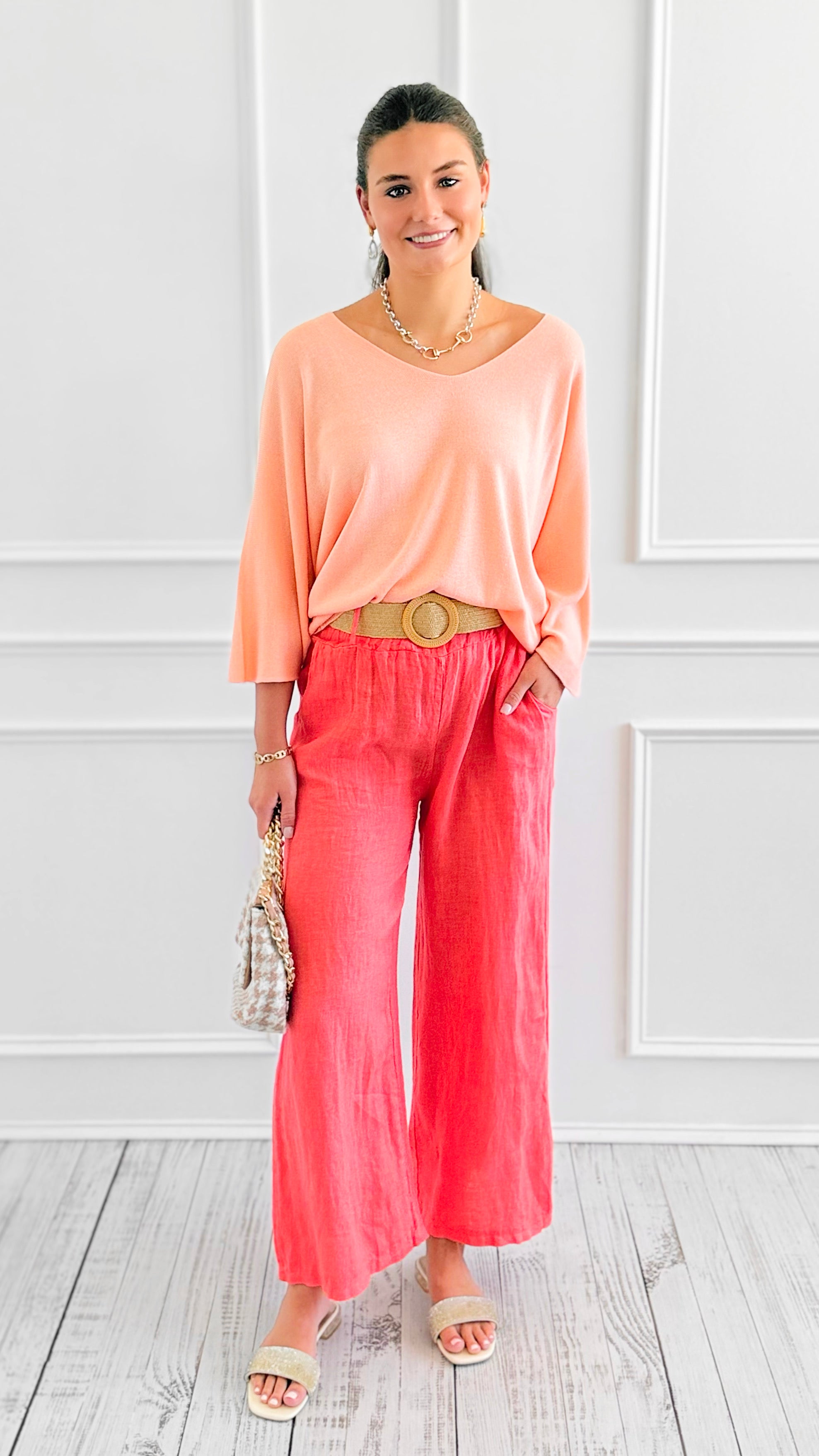 Breezy Elegant Linen Italian Pant- Coral-100 Pants-Italianissimo-Coastal Bloom Boutique, find the trendiest versions of the popular styles and looks Located in Indialantic, FL