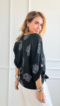 Moroccan Tile Linen Italian Top - Black-110 Short Sleeve Tops-Italianissimo-Coastal Bloom Boutique, find the trendiest versions of the popular styles and looks Located in Indialantic, FL