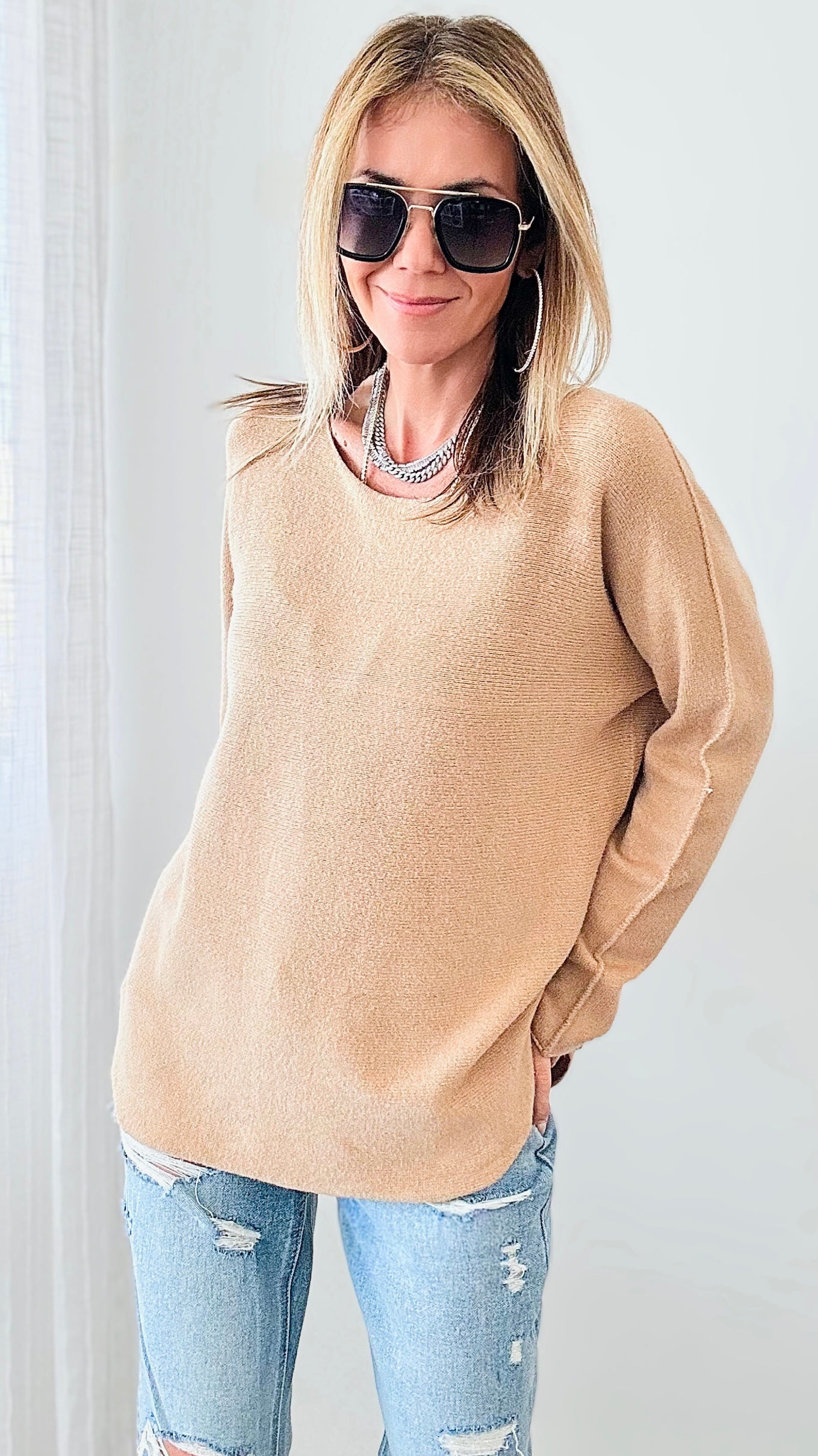 Soho Italian Boatneck Pullover - Light Camel-140 Sweaters-Italianissimo-Coastal Bloom Boutique, find the trendiest versions of the popular styles and looks Located in Indialantic, FL