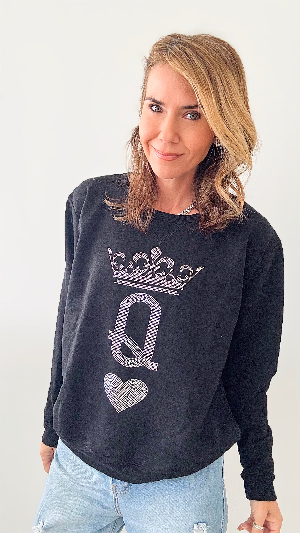 Pre Auth - Queen of Hearts Custom CB Sweatshirt-130 Long Sleeve Tops-Holly-Coastal Bloom Boutique, find the trendiest versions of the popular styles and looks Located in Indialantic, FL