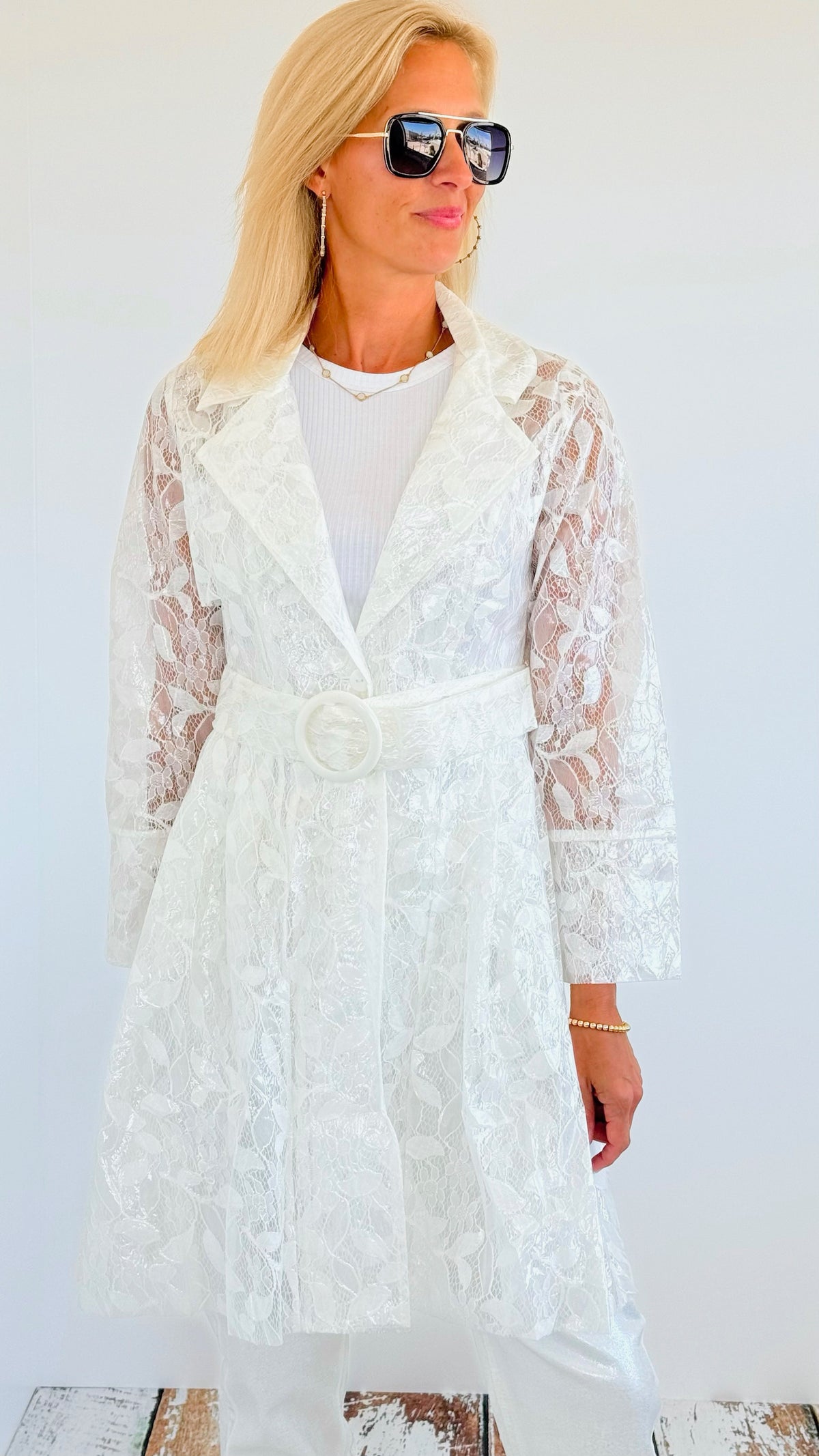 Sheer Lace Long Sleeve Belted Trench-150 Cardigans/Layers-Rousseau-Coastal Bloom Boutique, find the trendiest versions of the popular styles and looks Located in Indialantic, FL