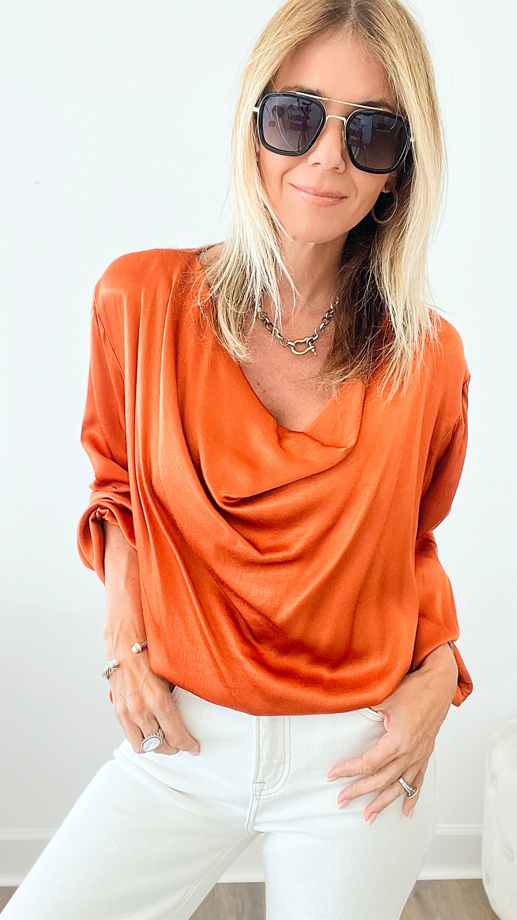 Long Sleeve Cowl Neck Italian Blouse - Rust-130 Long Sleeve Tops-Yolly-Coastal Bloom Boutique, find the trendiest versions of the popular styles and looks Located in Indialantic, FL
