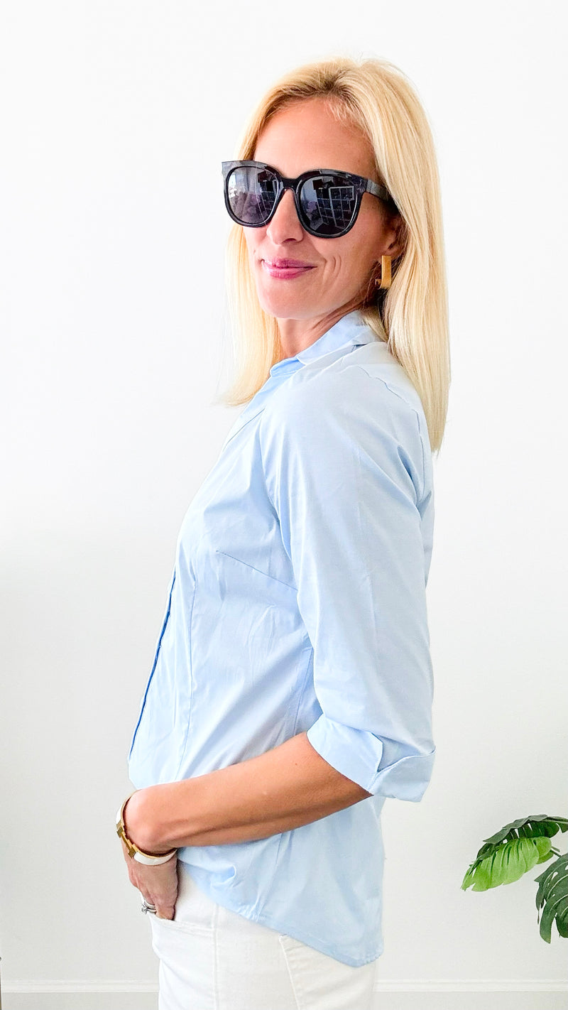 V-Neck Blouse - Blue-110 Short Sleeve Tops-Michel-Coastal Bloom Boutique, find the trendiest versions of the popular styles and looks Located in Indialantic, FL