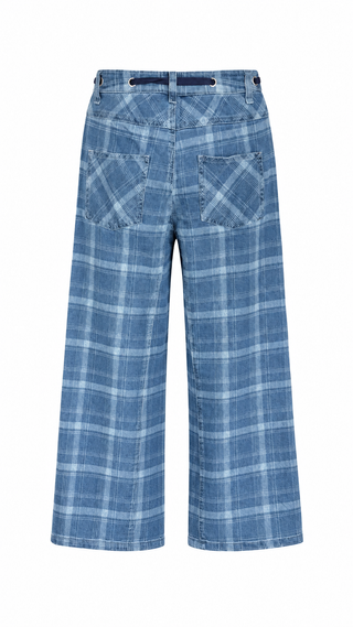 Denim Plaid Drawstring High Waist Pants