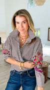 Striped & Bloom Embroidery Sleeve Italian Blouse-110 Long Sleeve Tops-TATTOO Z-Coastal Bloom Boutique, find the trendiest versions of the popular styles and looks Located in Indialantic, FL