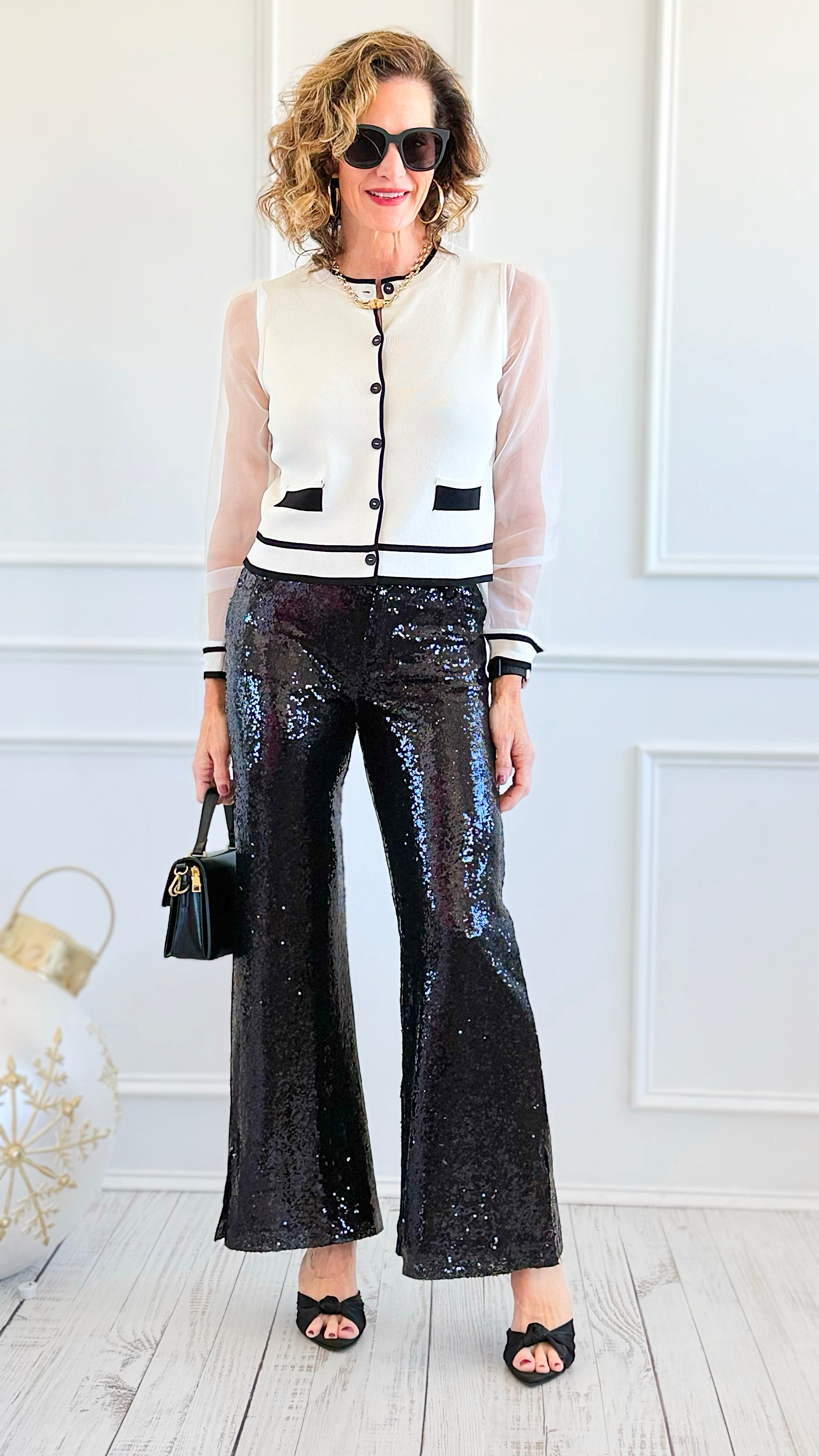 Boujie Holiday Sequin Flare Pants - Black-100 Pants-SO ME-Coastal Bloom Boutique, find the trendiest versions of the popular styles and looks Located in Indialantic, FL