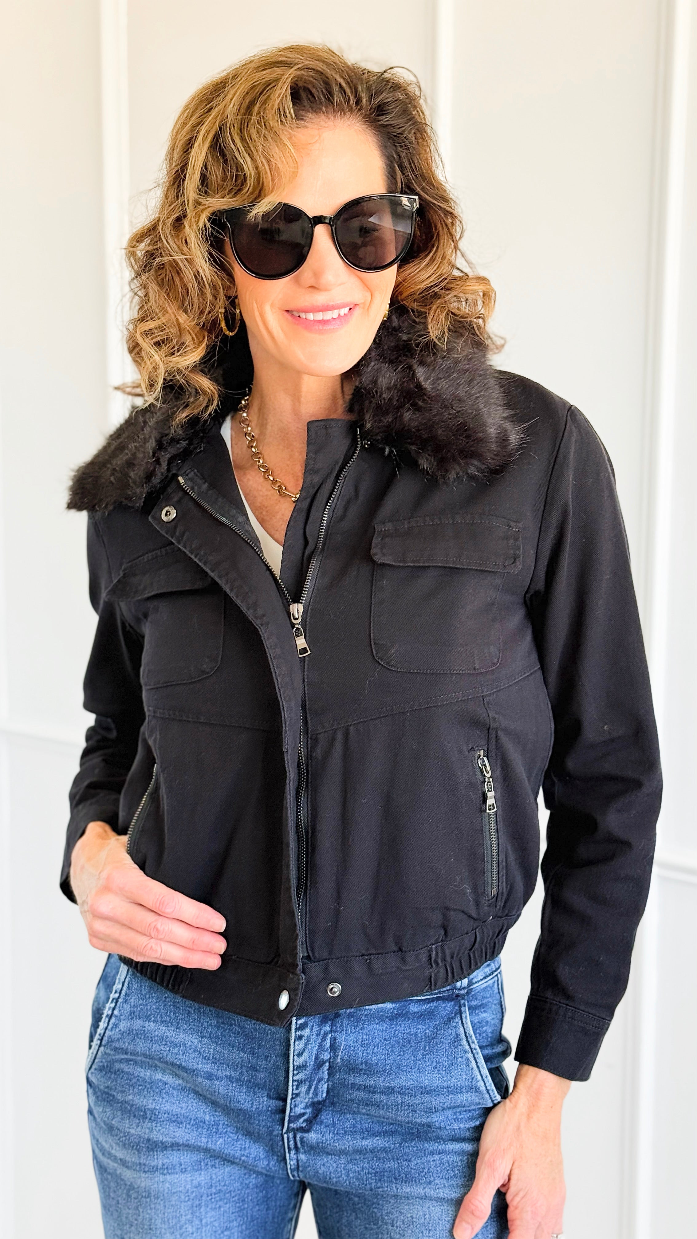 Cloud Dreams Faux Fur-Trim Jacket - Black Denim/Black-160 Jackets-IRIS-Coastal Bloom Boutique, find the trendiest versions of the popular styles and looks Located in Indialantic, FL