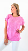 Comfy Everyday Rolled Sleeve Slub Top - Candy Pink-110 Short Sleeve Tops-Zenana-Coastal Bloom Boutique, find the trendiest versions of the popular styles and looks Located in Indialantic, FL