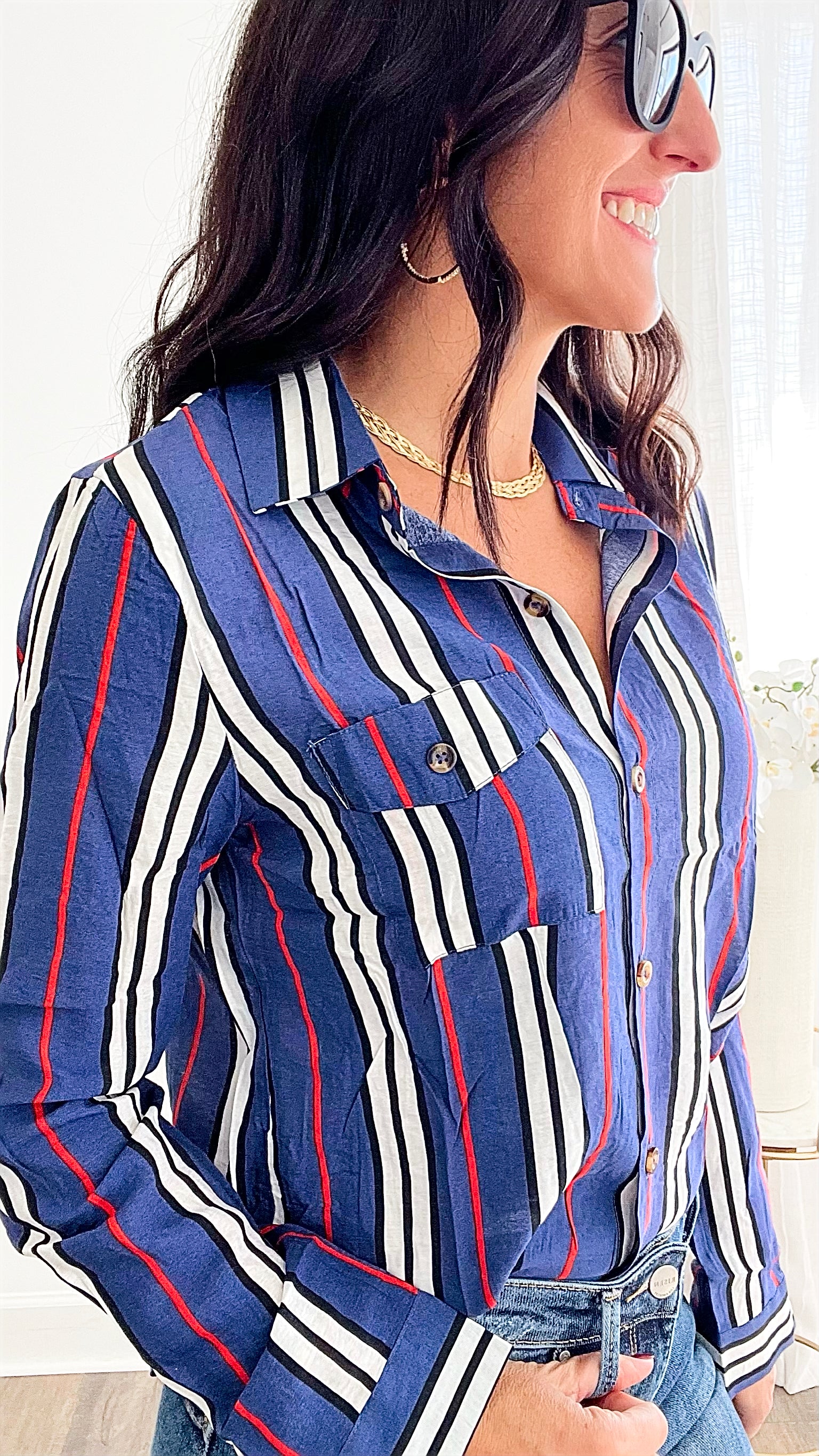 Tommy Pinstripe Blouse - Blue-130 Long Sleeve Tops-HIGH MJ / Michel-Coastal Bloom Boutique, find the trendiest versions of the popular styles and looks Located in Indialantic, FL