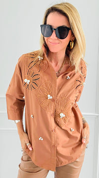 Rhinestone Embroidered Blouse - Camel-130 Long Sleeve Tops-PASTEL DESIGN-Coastal Bloom Boutique, find the trendiest versions of the popular styles and looks Located in Indialantic, FL