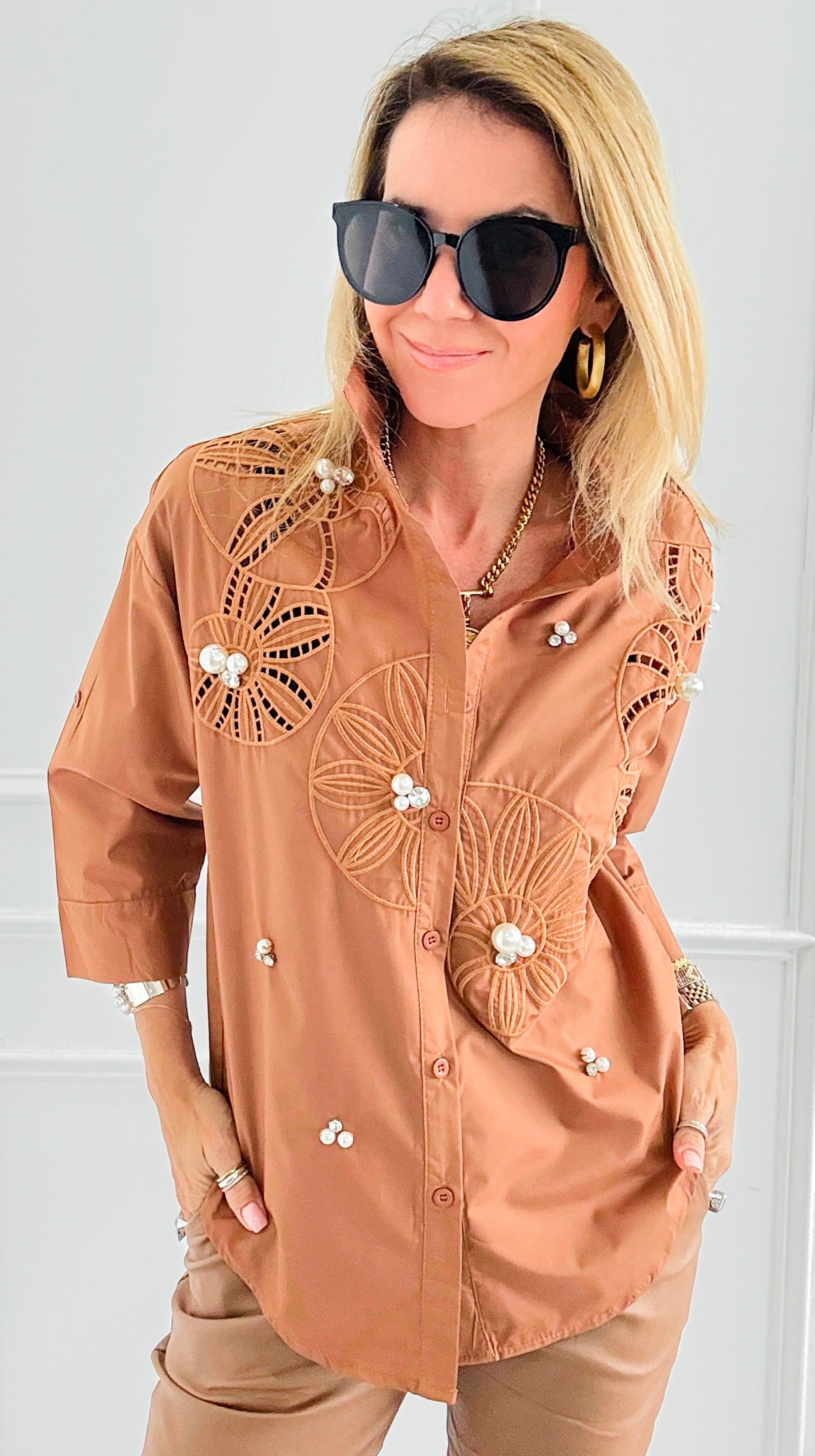 Rhinestone Embroidered Blouse - Camel-130 Long Sleeve Tops-PASTEL DESIGN-Coastal Bloom Boutique, find the trendiest versions of the popular styles and looks Located in Indialantic, FL