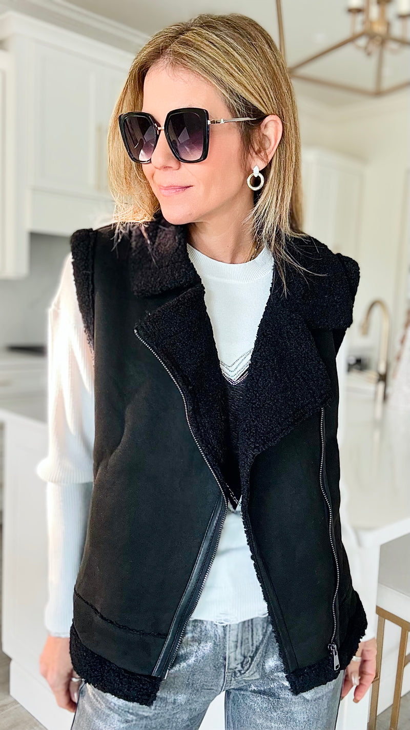 Solid Suede Faux Fur Vest - Black-160 Jackets-ShopIrisBasic-Coastal Bloom Boutique, find the trendiest versions of the popular styles and looks Located in Indialantic, FL