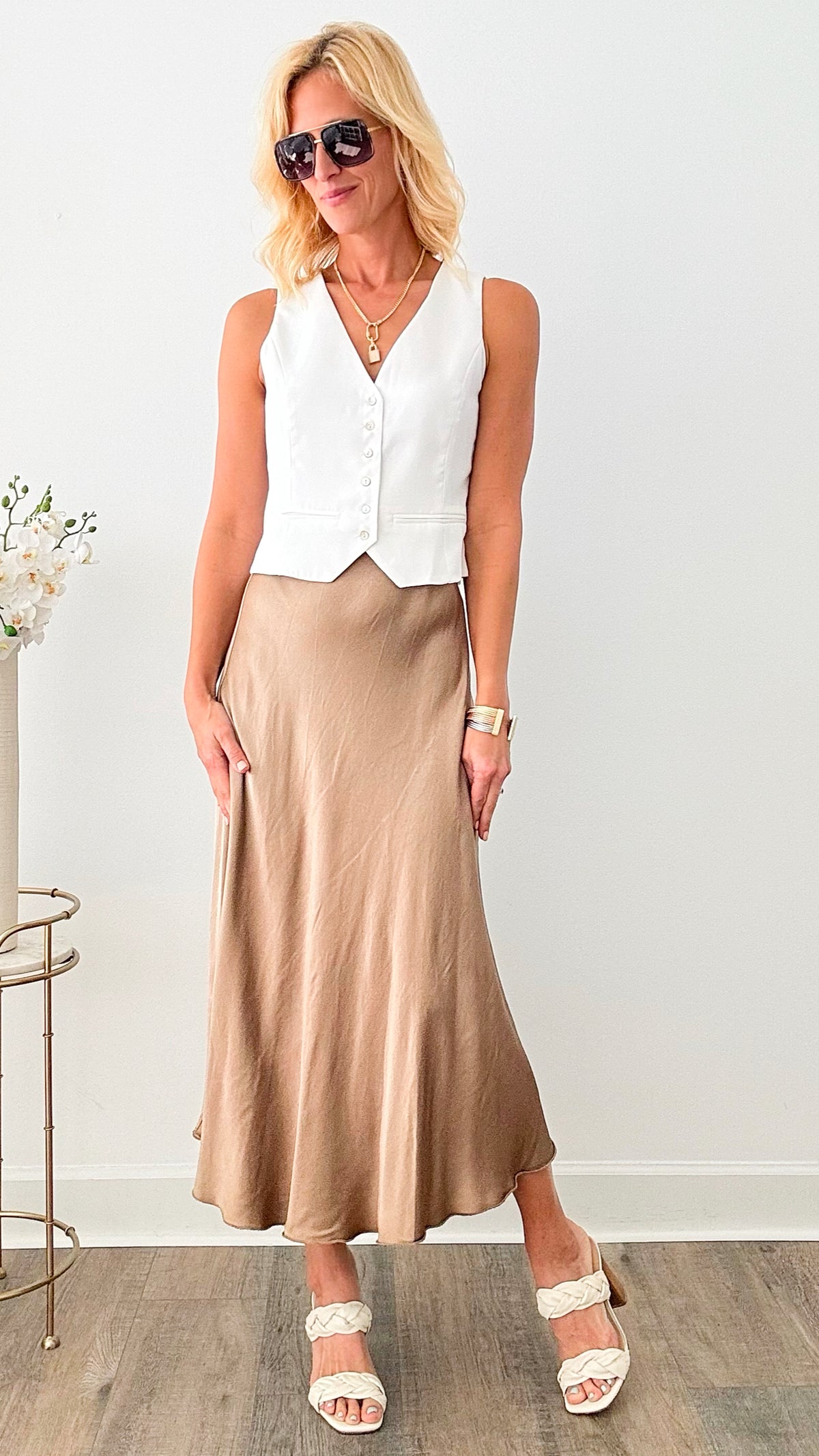 Brooklyn Italian Satin Midi Skirt - Mocha-170 Bottoms-Italianissimo-Coastal Bloom Boutique, find the trendiest versions of the popular styles and looks Located in Indialantic, FL