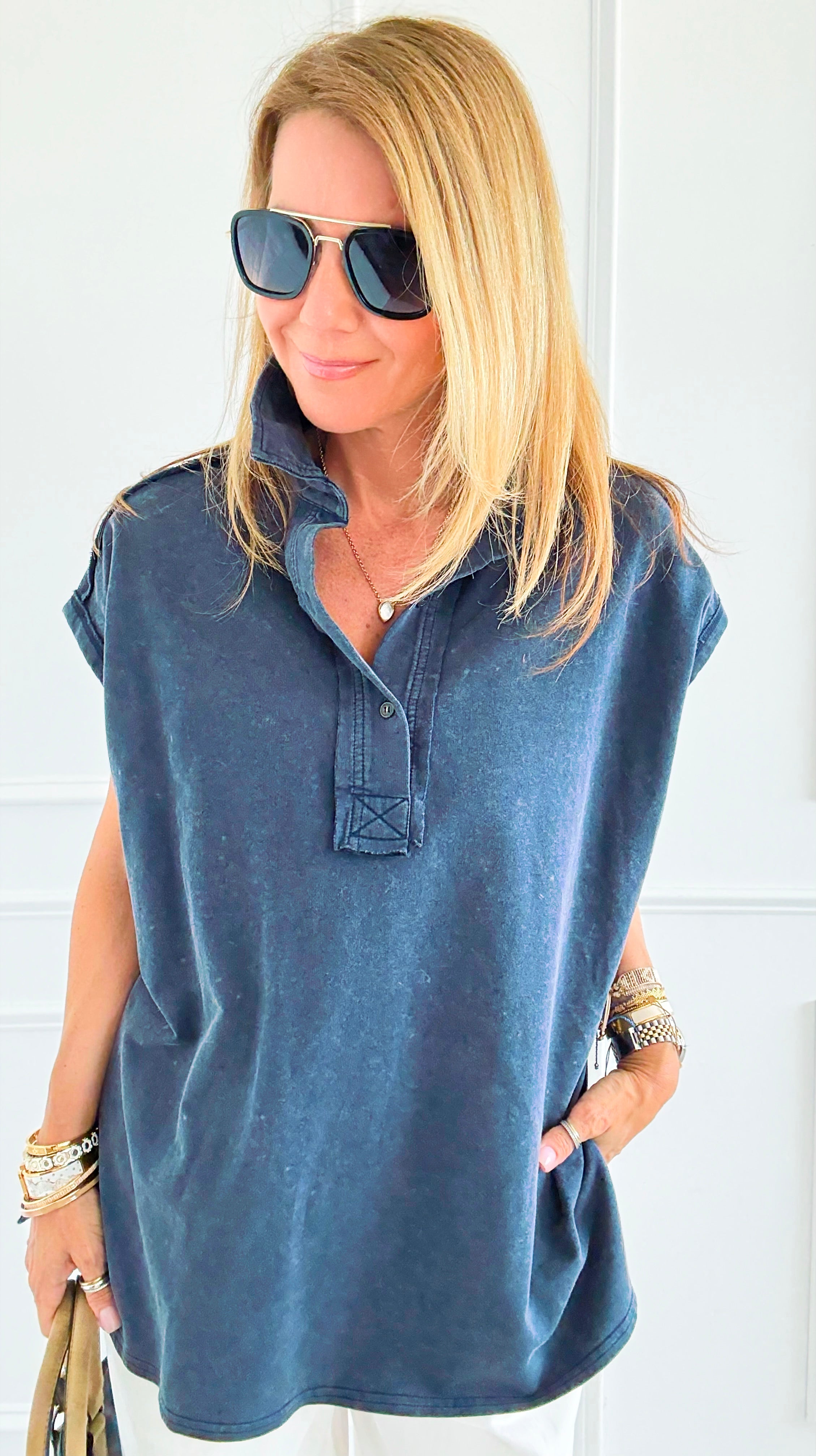 Weekend Ease Washed Collar Top - Navy-110 Short Sleeve Tops-White Birch-Coastal Bloom Boutique, find the trendiest versions of the popular styles and looks Located in Indialantic, FL