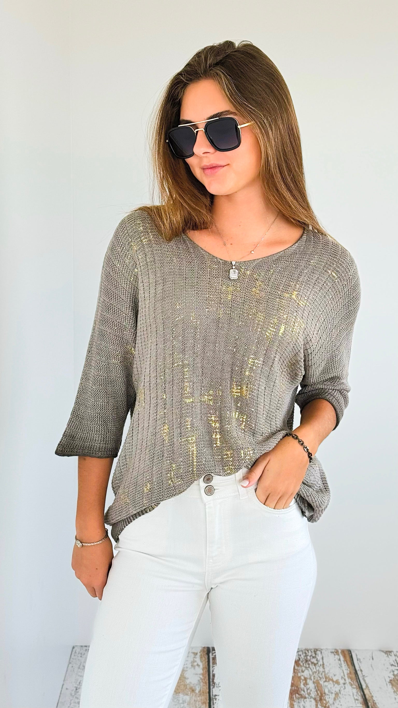 Foil Detailed Mesh Italian Knit-140 Sweaters-UM-Coastal Bloom Boutique, find the trendiest versions of the popular styles and looks Located in Indialantic, FL