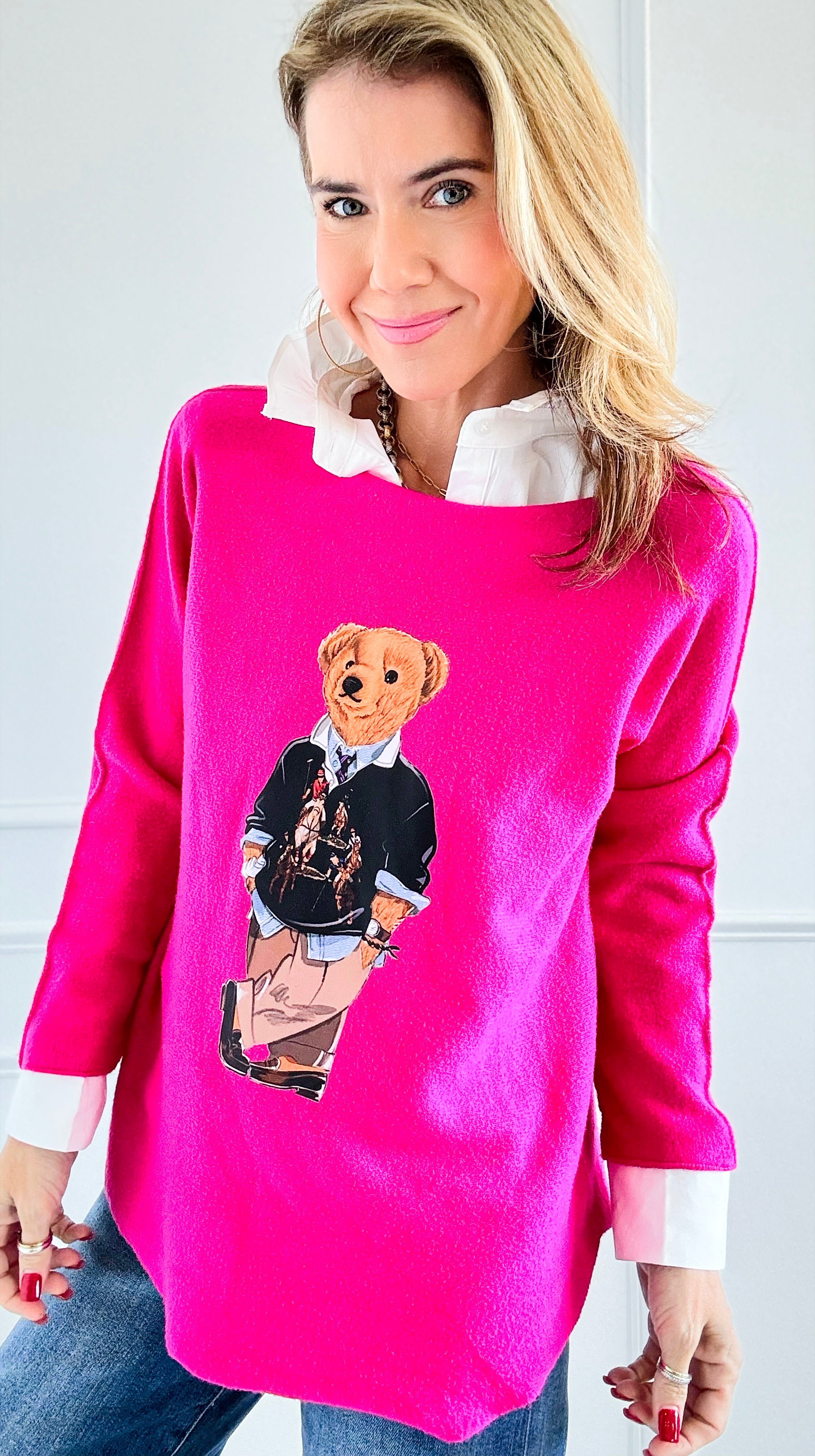 Jerry The Bear Italian Pullover- Fuchsia-140 Sweaters-Italianissimo-Coastal Bloom Boutique, find the trendiest versions of the popular styles and looks Located in Indialantic, FL