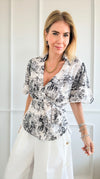 Safari Printed Waist Tie Blouse Top- Beige Black-110 Short Sleeve Tops-Rousseau-Coastal Bloom Boutique, find the trendiest versions of the popular styles and looks Located in Indialantic, FL