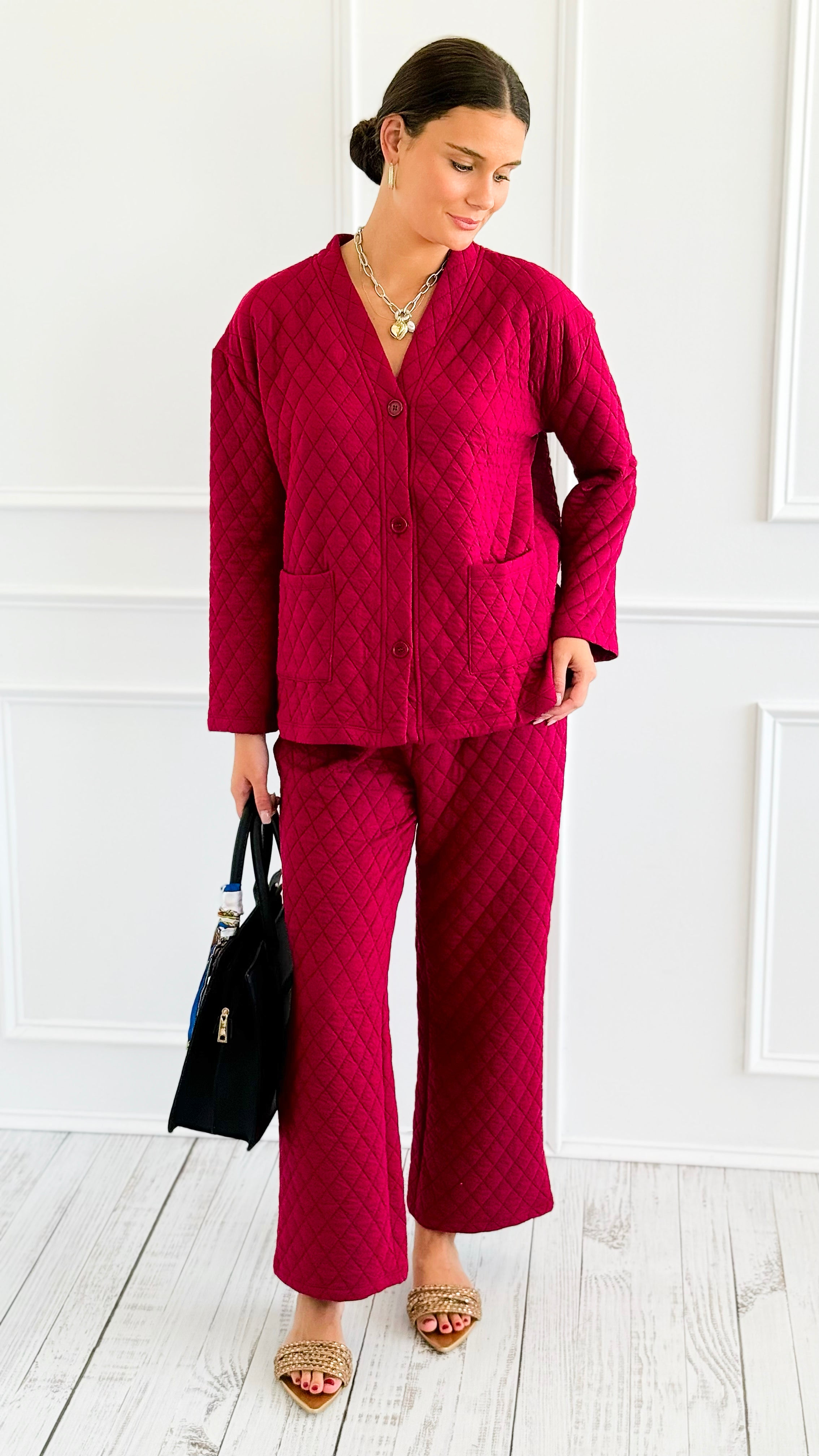 Quilted Jacket and Pants Set - Cabernet-210 Loungewear/Sets-Zenana-Coastal Bloom Boutique, find the trendiest versions of the popular styles and looks Located in Indialantic, FL