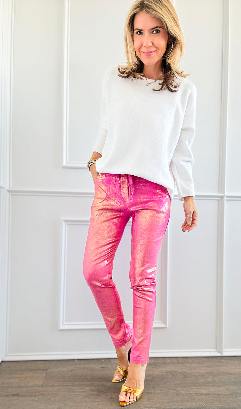 Shine-On Glistening Italian Joggers - Fuchsia/Gold-pants-Italianissimo-Coastal Bloom Boutique, find the trendiest versions of the popular styles and looks Located in Indialantic, FL