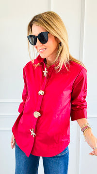 Starfish Accent Half Sleeve Blouse- Red-130 Long Sleeve Tops-PASTEL DESIGN-Coastal Bloom Boutique, find the trendiest versions of the popular styles and looks Located in Indialantic, FL