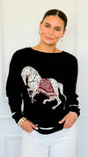 Equestrian Parade Italian Sweater- Black-140 Sweaters-K2-Coastal Bloom Boutique, find the trendiest versions of the popular styles and looks Located in Indialantic, FL