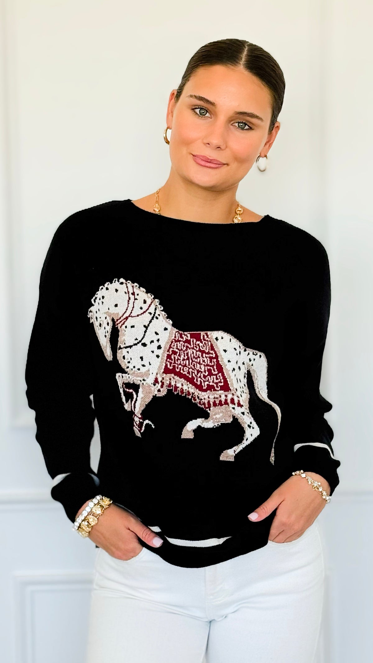 Equestrian Parade Italian Sweater- Black-140 Sweaters-K2-Coastal Bloom Boutique, find the trendiest versions of the popular styles and looks Located in Indialantic, FL