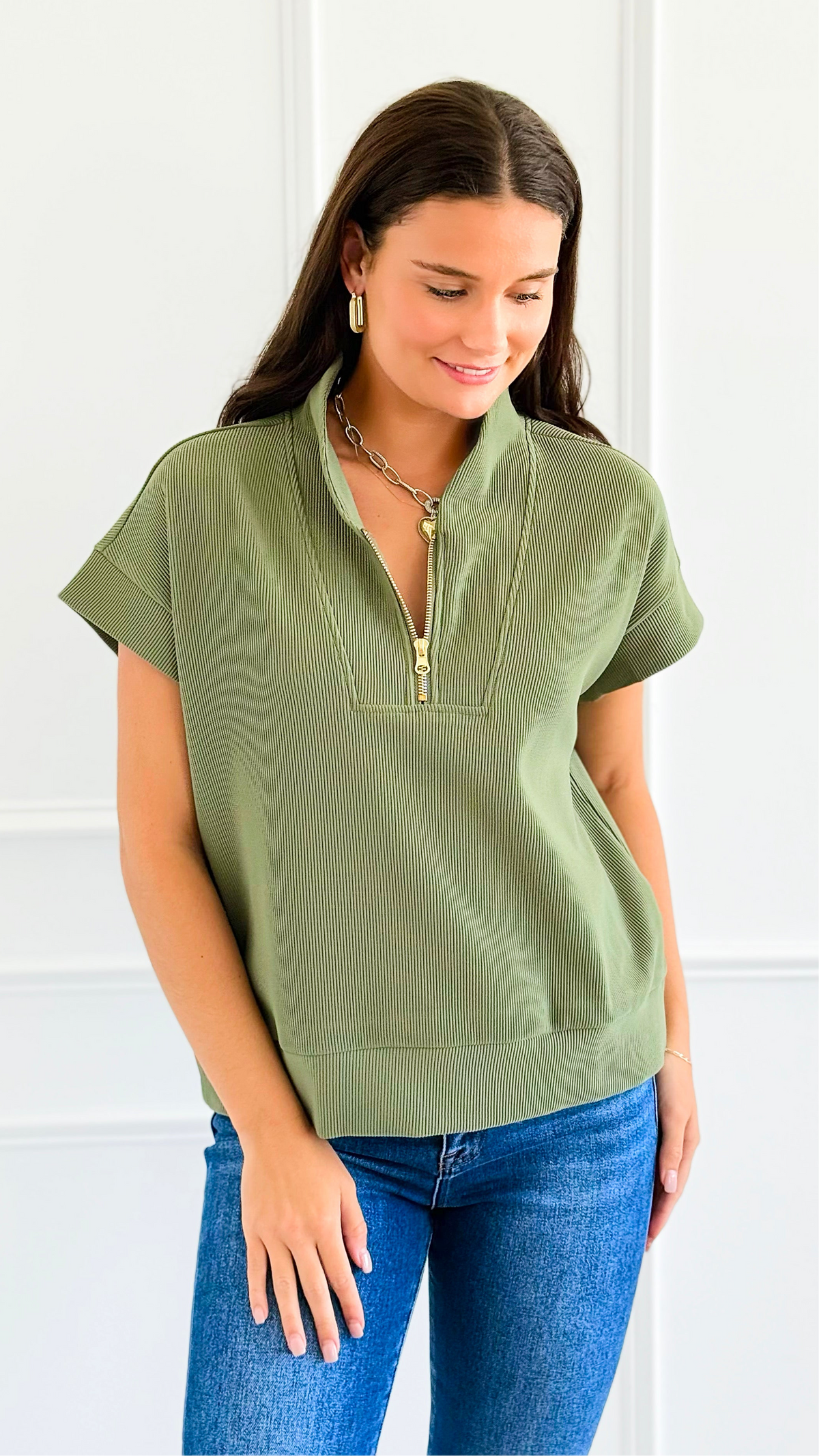 Effortless Zip Collar Knit Top - Light Olive-110 Short Sleeve Tops-Zenana-Coastal Bloom Boutique, find the trendiest versions of the popular styles and looks Located in Indialantic, FL