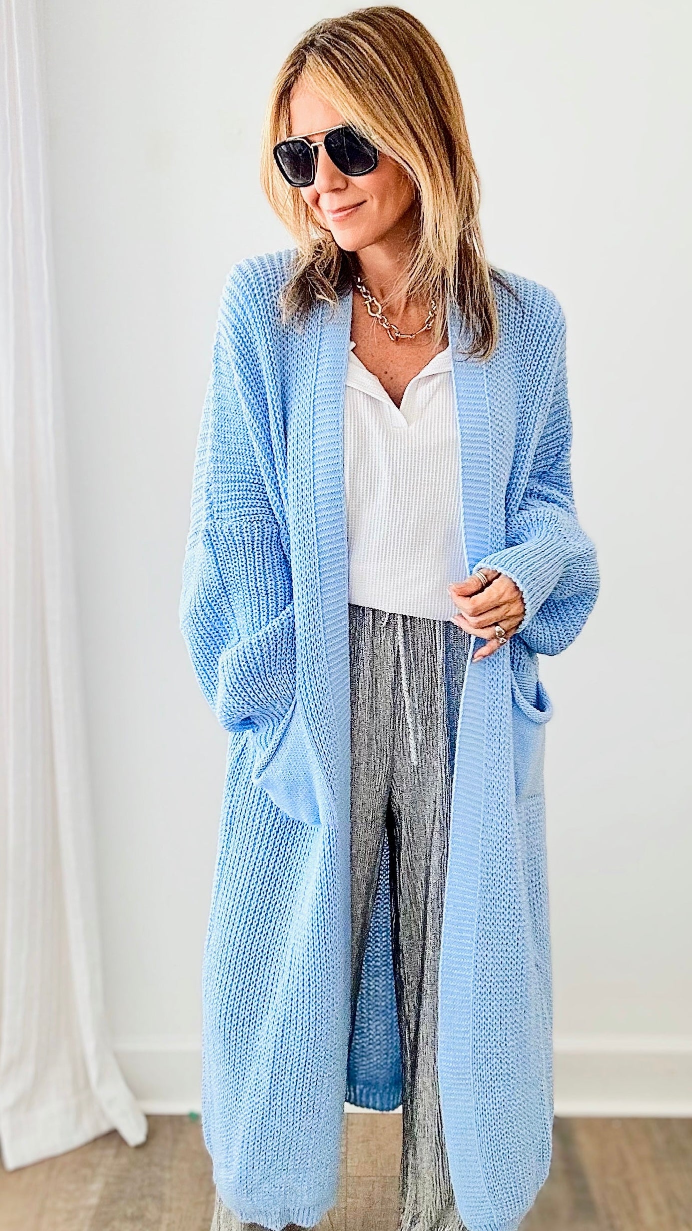 Sugar High Long Italian Cardigan- Dusty Blue-150 Cardigans/Layers-Germany-Coastal Bloom Boutique, find the trendiest versions of the popular styles and looks Located in Indialantic, FL