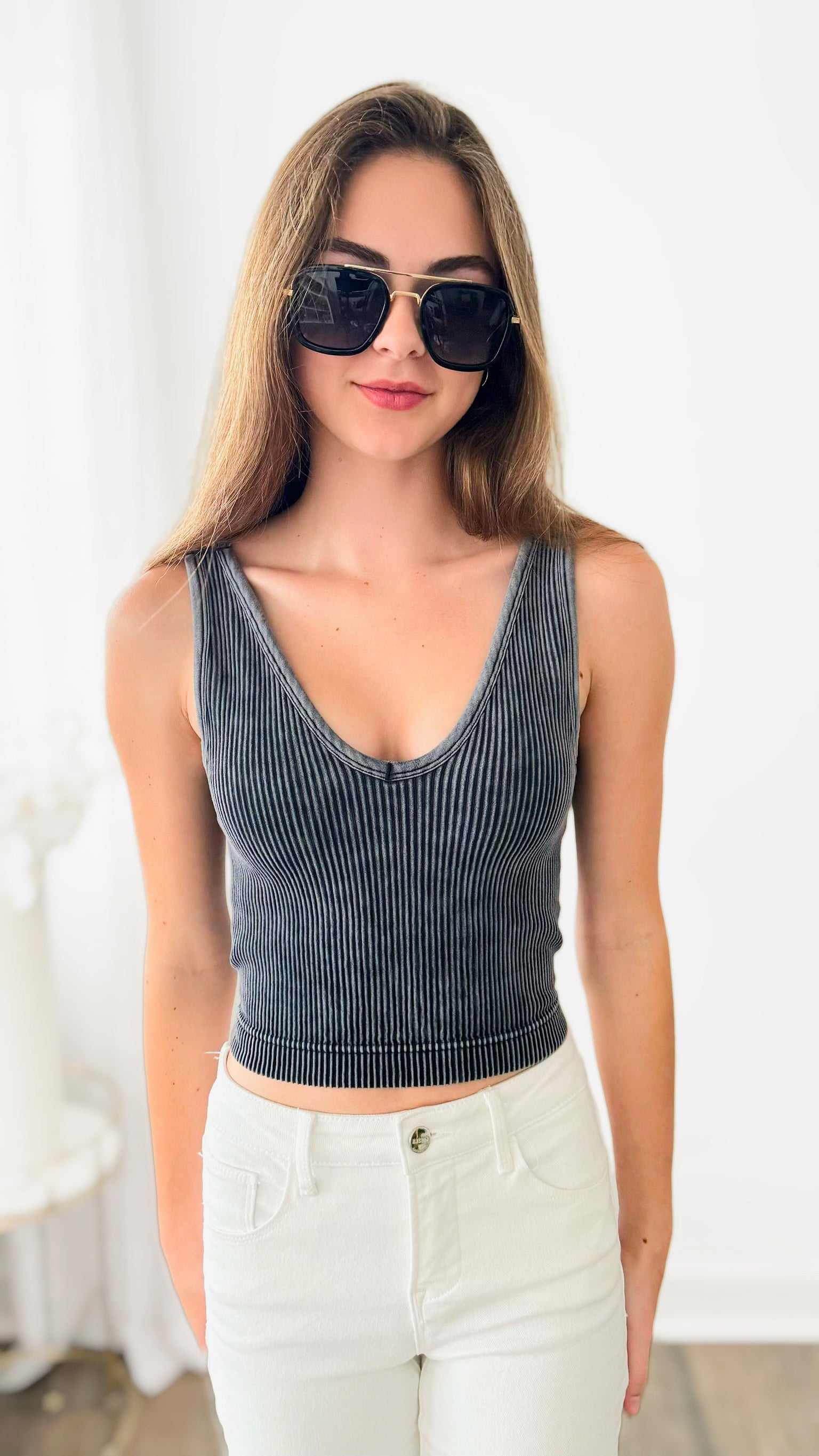 Washed Ribbed Bra Padded Tank Top - Ash Black-220 Intimates-Zenana-Coastal Bloom Boutique, find the trendiest versions of the popular styles and looks Located in Indialantic, FL