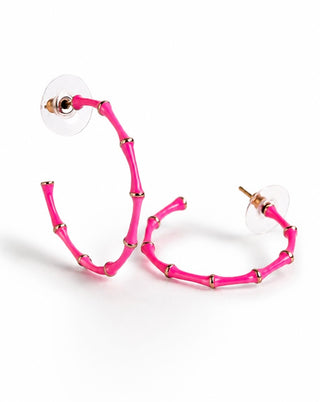 Enamel Bamboo Hoop Earrings - Fuchsia