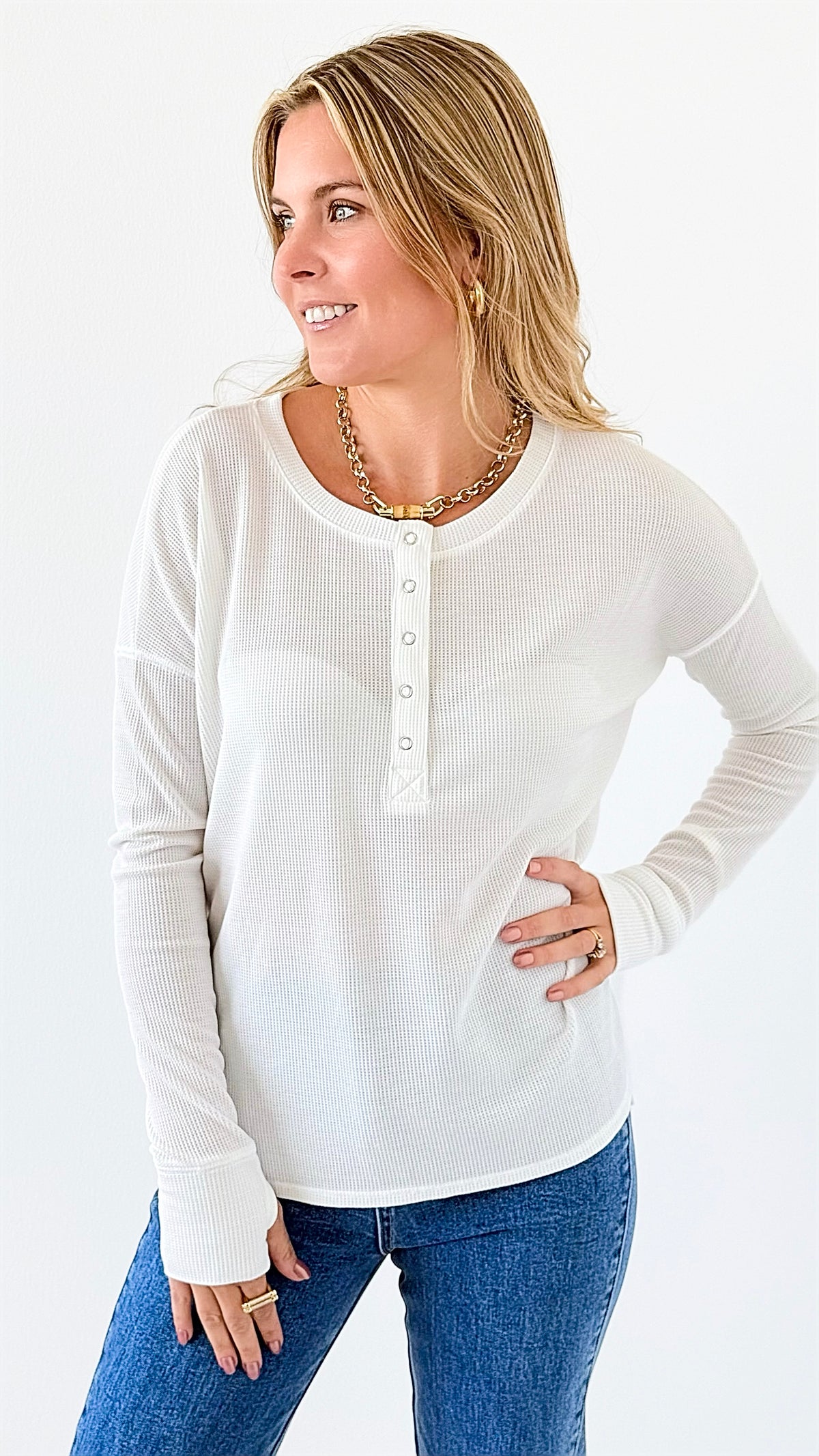 Button-Front Waffle Knit Top - Off White-110 Long Sleeve Tops-Zenana-Coastal Bloom Boutique, find the trendiest versions of the popular styles and looks Located in Indialantic, FL