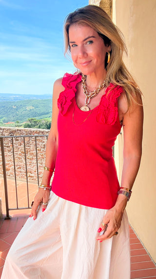 Ruffle Detail Sleeveless Italian Top - Red