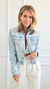 Sparkling Fringed Denim Jacket - Light Denim-160 Jackets-Rousseau-Coastal Bloom Boutique, find the trendiest versions of the popular styles and looks Located in Indialantic, FL