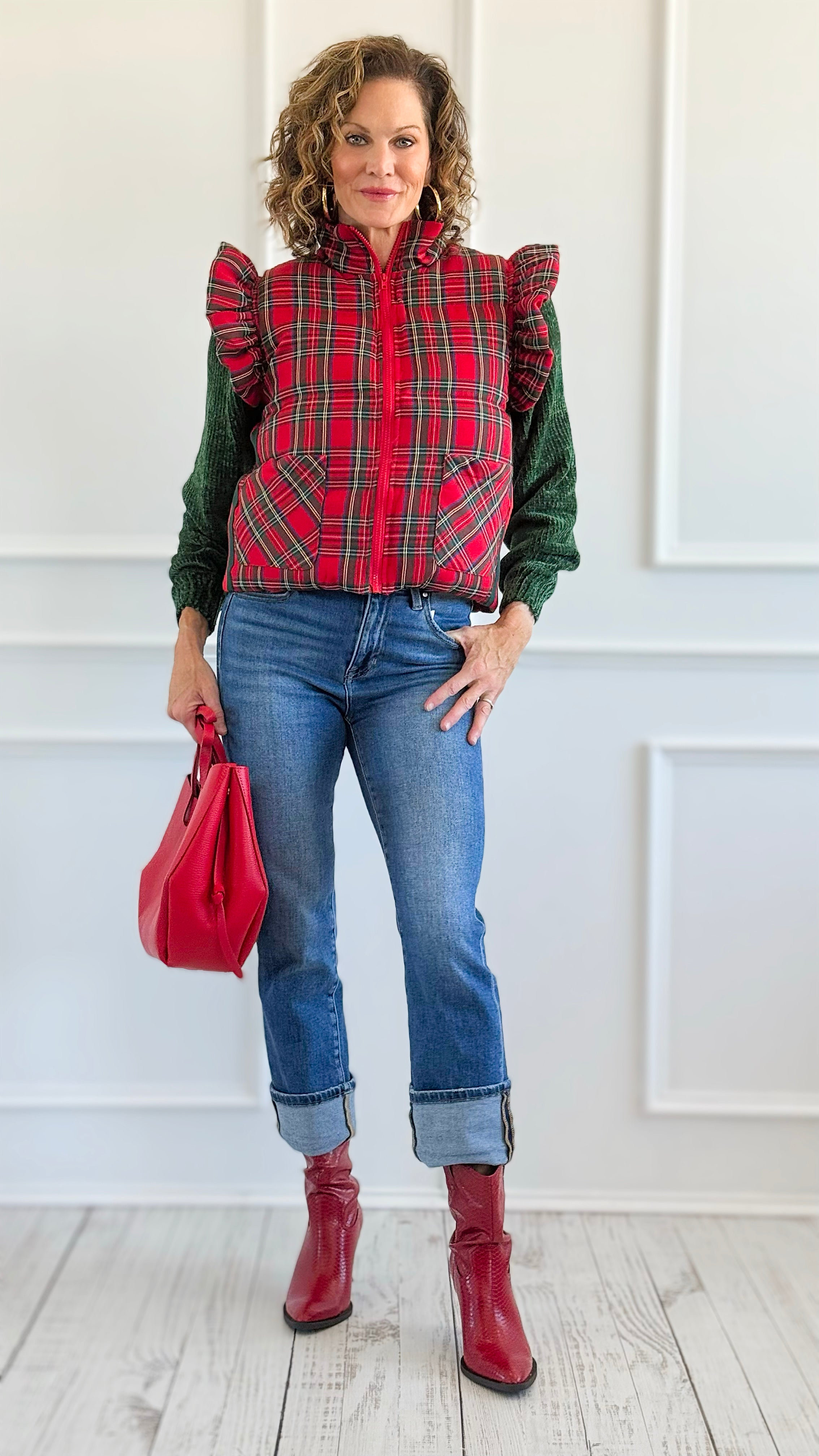 Chic Ruffled Plaid Vest-160 Jackets-JODIFL-Coastal Bloom Boutique, find the trendiest versions of the popular styles and looks Located in Indialantic, FL