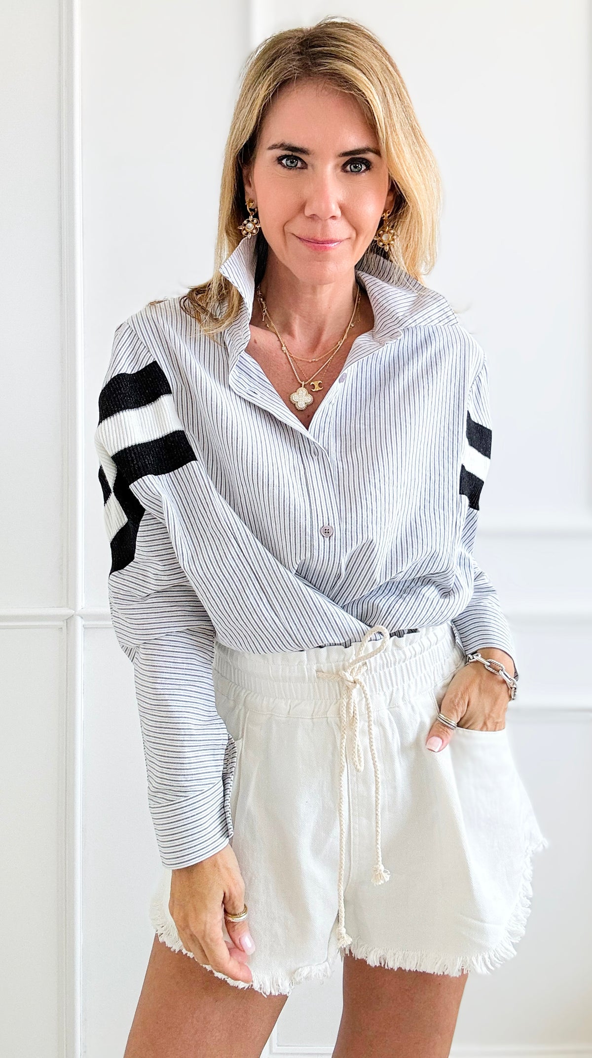 Contrast Striped Printed Shirt Blouse - White/Blue-130 Long Sleeve Tops-BucketList-Coastal Bloom Boutique, find the trendiest versions of the popular styles and looks Located in Indialantic, FL