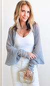 Flower Detail Ruffled Poncho - Grey-150 Cardigans/Layers-Max Accessories-Coastal Bloom Boutique, find the trendiest versions of the popular styles and looks Located in Indialantic, FL