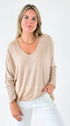 Relaxed Recoleta Lurex Trim Italian Top - Mocha-130 Long Sleeve Tops-Italianissimo-Coastal Bloom Boutique, find the trendiest versions of the popular styles and looks Located in Indialantic, FL