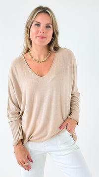 Relaxed Recoleta Lurex Trim Italian Top - Mocha-130 Long Sleeve Tops-Italianissimo-Coastal Bloom Boutique, find the trendiest versions of the popular styles and looks Located in Indialantic, FL