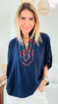Bold Plaid Trim Blouse - Navy-110 Short Sleeve Tops-entro-Coastal Bloom Boutique, find the trendiest versions of the popular styles and looks Located in Indialantic, FL