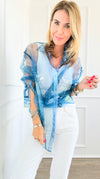 Denim Print Buttoned Down Sheer Blouse-130 Long Sleeve Tops-LA' ROS-Coastal Bloom Boutique, find the trendiest versions of the popular styles and looks Located in Indialantic, FL